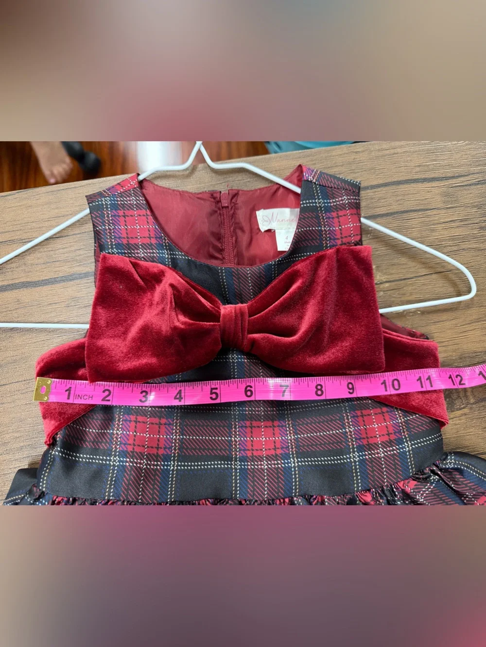 Plaid Red Velvet Bow Holiday Dress for Girls